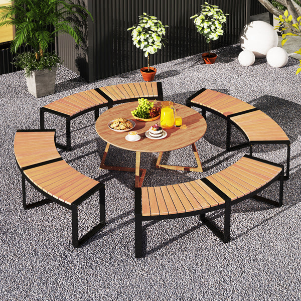 Acacia wood seat for durability and elegance<br>Oil painted surface prolongs the service life<br>Metal legs with adjustable footpads for strong support<br>Reinforced screw connection for higher stability<br>Curved design makes the bench more appealing ver