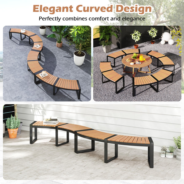Acacia wood seat for durability and elegance<br>Oil painted surface prolongs the service life<br>Metal legs with adjustable footpads for strong support<br>Reinforced screw connection for higher stability<br>Curved design makes the bench more appealing ver