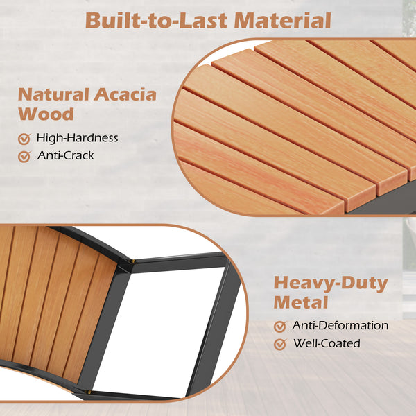 Acacia wood seat for durability and elegance<br>Oil painted surface prolongs the service life<br>Metal legs with adjustable footpads for strong support<br>Reinforced screw connection for higher stability<br>Curved design makes the bench more appealing ver