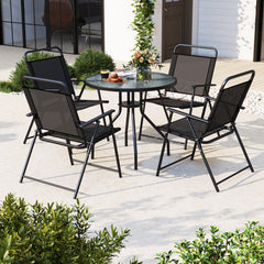 Patio dining set with umbrella is perfect for your patio  lawn and garden<br>Tempered glass tabletop and rustproof frame can stand the test of time<br>The 71" umbrella with strap design for space-saving when not in use<br>Heavy-duty steel frame and breath