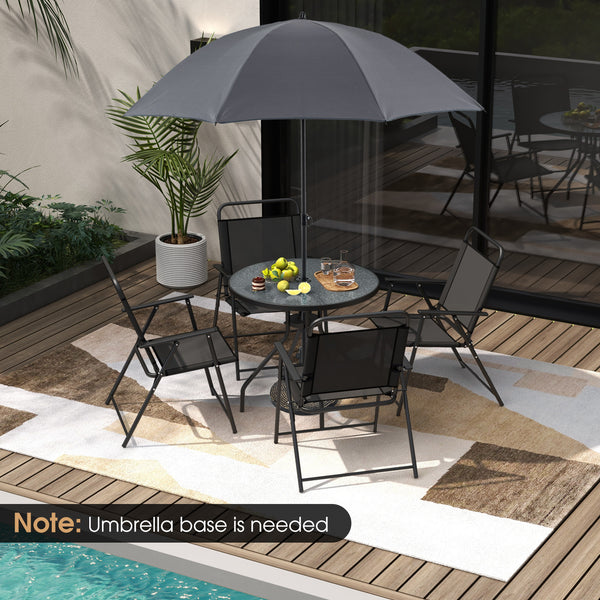 Patio dining set with umbrella is perfect for your patio  lawn and garden<br>Tempered glass tabletop and rustproof frame can stand the test of time<br>The 71" umbrella with strap design for space-saving when not in use<br>Heavy-duty steel frame and breath