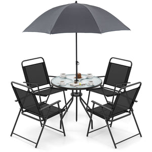 Patio dining set with umbrella is perfect for your patio  lawn and garden<br>Tempered glass tabletop and rustproof frame can stand the test of time<br>The 71" umbrella with strap design for space-saving when not in use<br>Heavy-duty steel frame and breath