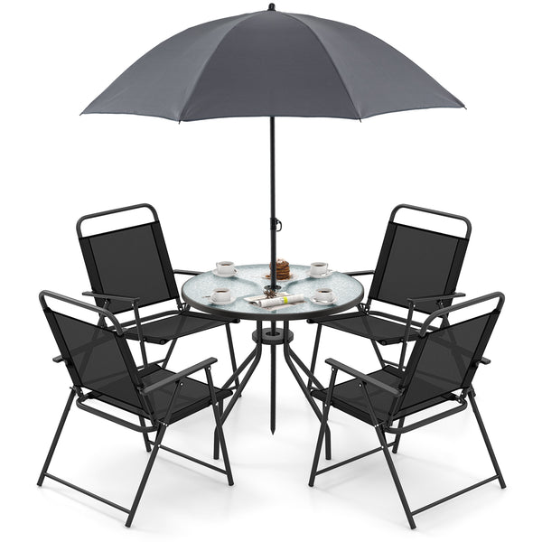 Patio dining set with umbrella is perfect for your patio  lawn and garden<br>Tempered glass tabletop and rustproof frame can stand the test of time<br>The 71" umbrella with strap design for space-saving when not in use<br>Heavy-duty steel frame and breath