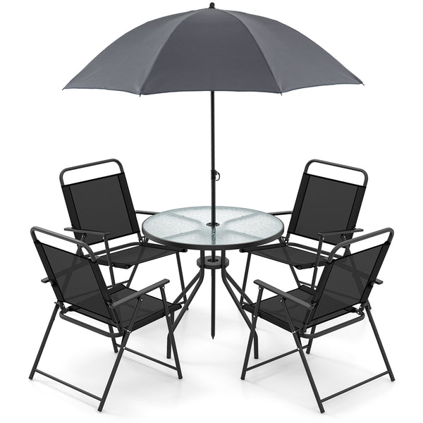 Patio dining set with umbrella is perfect for your patio  lawn and garden<br>Tempered glass tabletop and rustproof frame can stand the test of time<br>The 71" umbrella with strap design for space-saving when not in use<br>Heavy-duty steel frame and breath