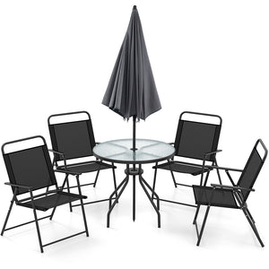 Patio dining set with umbrella is perfect for your patio  lawn and garden<br>Tempered glass tabletop and rustproof frame can stand the test of time<br>The 71" umbrella with strap design for space-saving when not in use<br>Heavy-duty steel frame and breath