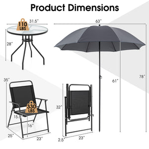 Patio dining set with umbrella is perfect for your patio  lawn and garden<br>Tempered glass tabletop and rustproof frame can stand the test of time<br>The 71" umbrella with strap design for space-saving when not in use<br>Heavy-duty steel frame and breath