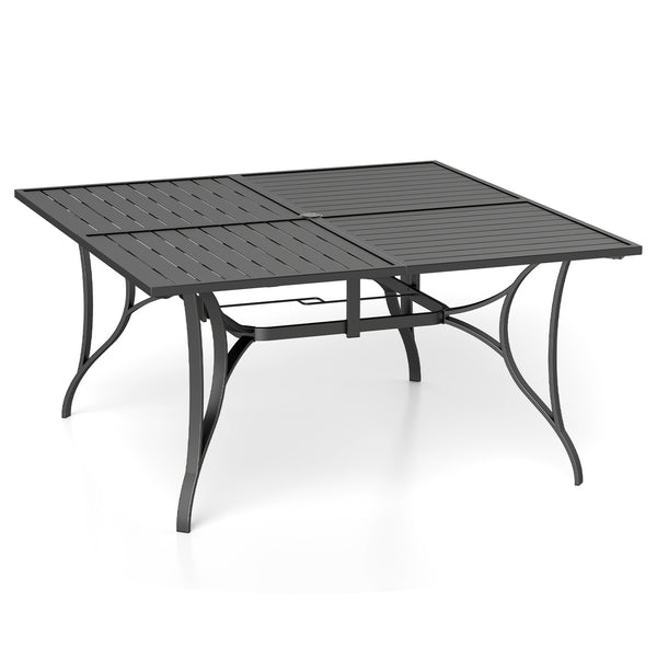 Spacious 60" x 60" tabletop comfortably seats up to 6 people<br>Built-in umbrella hole provides convenient shade support outdoors<br>Dual umbrella hole sizes fit most standard patio umbrellas (not included)<br>Bottom fixing hole keeps umbrella pole stable