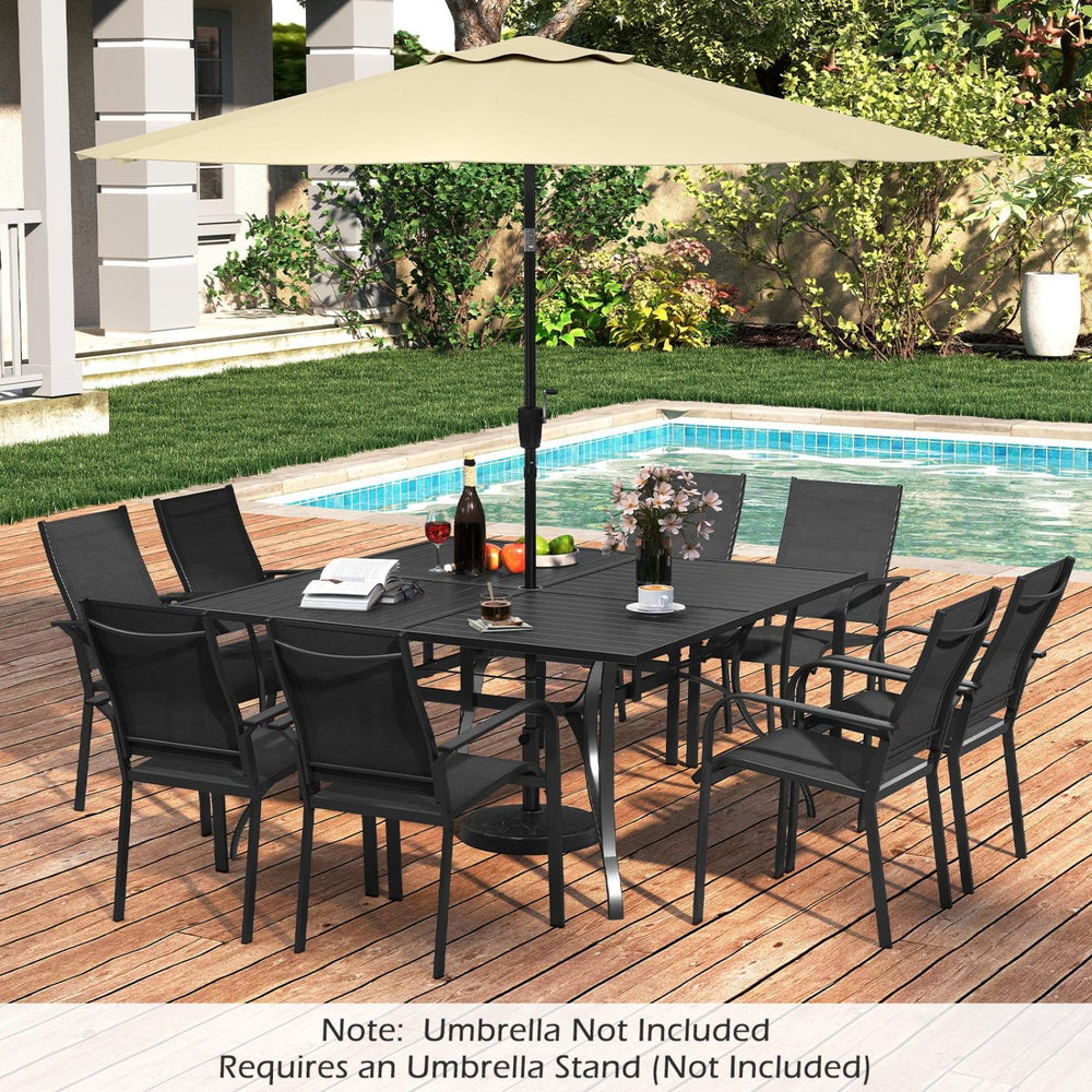 Spacious 60" x 60" tabletop comfortably seats up to 6 people<br>Built-in umbrella hole provides convenient shade support outdoors<br>Dual umbrella hole sizes fit most standard patio umbrellas (not included)<br>Bottom fixing hole keeps umbrella pole stable