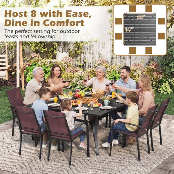 Spacious 60" x 60" tabletop comfortably seats up to 6 people<br>Built-in umbrella hole provides convenient shade support outdoors<br>Dual umbrella hole sizes fit most standard patio umbrellas (not included)<br>Bottom fixing hole keeps umbrella pole stable