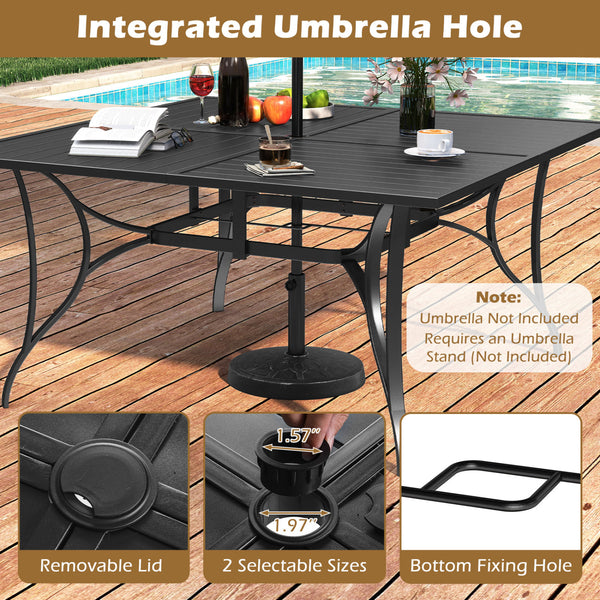 Spacious 60" x 60" tabletop comfortably seats up to 6 people<br>Built-in umbrella hole provides convenient shade support outdoors<br>Dual umbrella hole sizes fit most standard patio umbrellas (not included)<br>Bottom fixing hole keeps umbrella pole stable
