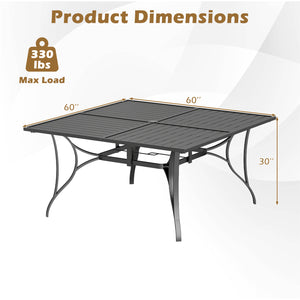 Spacious 60" x 60" tabletop comfortably seats up to 6 people<br>Built-in umbrella hole provides convenient shade support outdoors<br>Dual umbrella hole sizes fit most standard patio umbrellas (not included)<br>Bottom fixing hole keeps umbrella pole stable