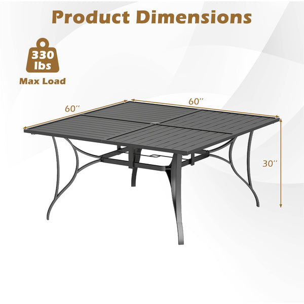 Spacious 60" x 60" tabletop comfortably seats up to 6 people<br>Built-in umbrella hole provides convenient shade support outdoors<br>Dual umbrella hole sizes fit most standard patio umbrellas (not included)<br>Bottom fixing hole keeps umbrella pole stable
