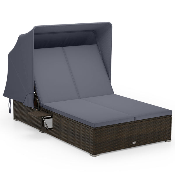 6 backrest positions meet your various demands<br>2 backrests can be adjusted independently<br>Retractable canopy allows you to relax without annoying sunlight<br>Hand-woven PE rattan adds elegance and ensures longer service life<br>Soft cushions in full 