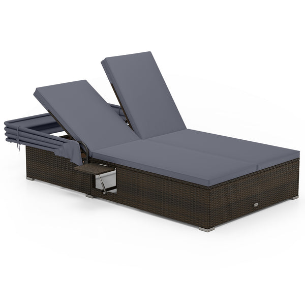 6 backrest positions meet your various demands<br>2 backrests can be adjusted independently<br>Retractable canopy allows you to relax without annoying sunlight<br>Hand-woven PE rattan adds elegance and ensures longer service life<br>Soft cushions in full 