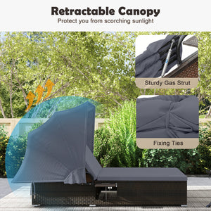 6 backrest positions meet your various demands<br>2 backrests can be adjusted independently<br>Retractable canopy allows you to relax without annoying sunlight<br>Hand-woven PE rattan adds elegance and ensures longer service life<br>Soft cushions in full 