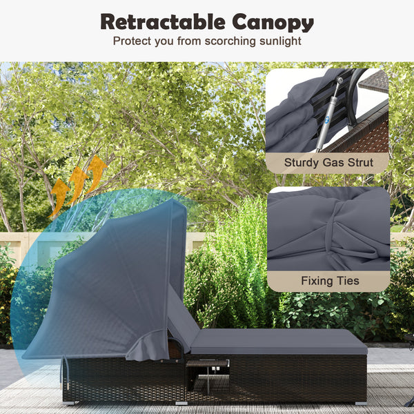 6 backrest positions meet your various demands<br>2 backrests can be adjusted independently<br>Retractable canopy allows you to relax without annoying sunlight<br>Hand-woven PE rattan adds elegance and ensures longer service life<br>Soft cushions in full 