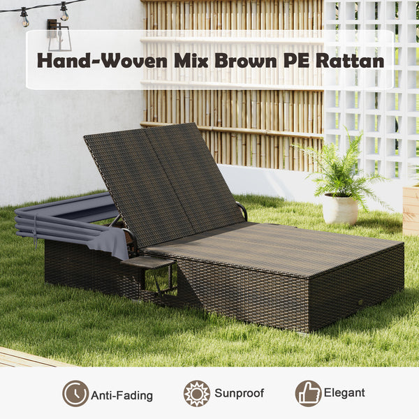 6 backrest positions meet your various demands<br>2 backrests can be adjusted independently<br>Retractable canopy allows you to relax without annoying sunlight<br>Hand-woven PE rattan adds elegance and ensures longer service life<br>Soft cushions in full 