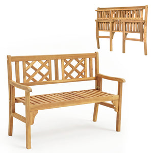 Unique and comfortable wood bench is perfect for the patio  backyard and garden. Â  Made of premium acacia wood  the frame of bench is sturdy and durable for long time use. And the spacious space is large which can accommodate 2 people.Â  In addition to d