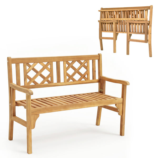 Unique and comfortable wood bench is perfect for the patio  backyard and garden. Â  Made of premium acacia wood  the frame of bench is sturdy and durable for long time use. And the spacious space is large which can accommodate 2 people.Â  In addition to d