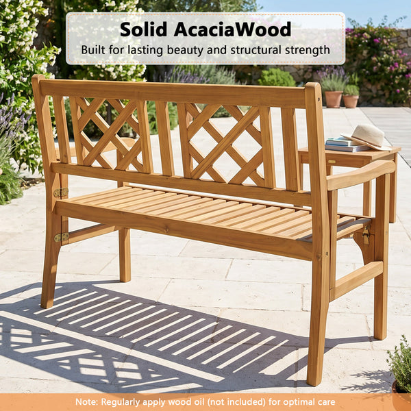 Unique and comfortable wood bench is perfect for the patio  backyard and garden. Â  Made of premium acacia wood  the frame of bench is sturdy and durable for long time use. And the spacious space is large which can accommodate 2 people.Â  In addition to d
