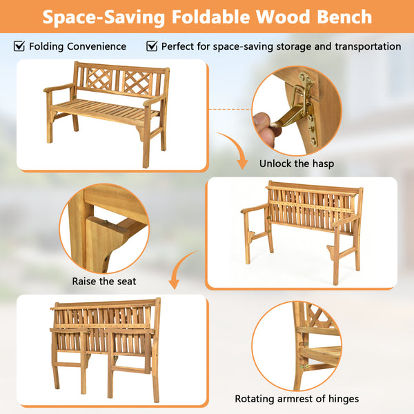 Unique and comfortable wood bench is perfect for the patio  backyard and garden. Â  Made of premium acacia wood  the frame of bench is sturdy and durable for long time use. And the spacious space is large which can accommodate 2 people.Â  In addition to d