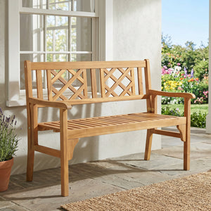 Unique and comfortable wood bench is perfect for the patio  backyard and garden. Â  Made of premium acacia wood  the frame of bench is sturdy and durable for long time use. And the spacious space is large which can accommodate 2 people.Â  In addition to d