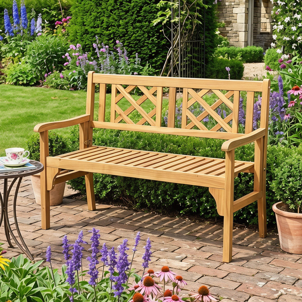 Unique and comfortable wood bench is perfect for the patio  backyard and garden. Â  Made of premium acacia wood  the frame of bench is sturdy and durable for long time use. And the spacious space is large which can accommodate 2 people.Â  In addition to d