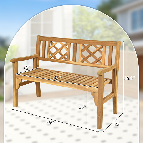 Unique and comfortable wood bench is perfect for the patio  backyard and garden. Â  Made of premium acacia wood  the frame of bench is sturdy and durable for long time use. And the spacious space is large which can accommodate 2 people.Â  In addition to d