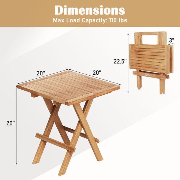 Made of premium teak wood for long-term use<br>X-shaped structure and solid crossbar for higher stability<br>Can be folded into a compact size for space-saving storage<br>9.5 lbs light weight for easy carrying<br>Slatted tabletop prevents water from pooli