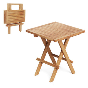 Made of premium teak wood for long-term use<br>X-shaped structure and solid crossbar for higher stability<br>Can be folded into a compact size for space-saving storage<br>9.5 lbs light weight for easy carrying<br>Slatted tabletop prevents water from pooli