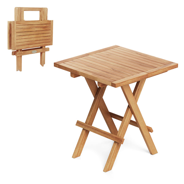 Made of premium teak wood for long-term use<br>X-shaped structure and solid crossbar for higher stability<br>Can be folded into a compact size for space-saving storage<br>9.5 lbs light weight for easy carrying<br>Slatted tabletop prevents water from pooli