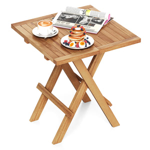 Made of premium teak wood for long-term use<br>X-shaped structure and solid crossbar for higher stability<br>Can be folded into a compact size for space-saving storage<br>9.5 lbs light weight for easy carrying<br>Slatted tabletop prevents water from pooli