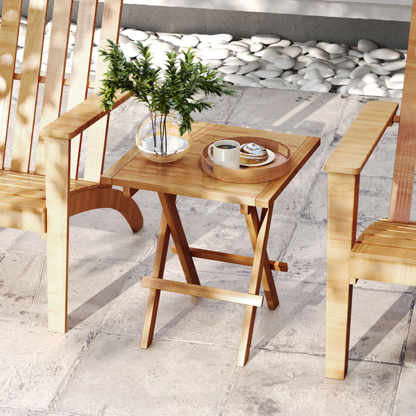 Made of premium teak wood for long-term use<br>X-shaped structure and solid crossbar for higher stability<br>Can be folded into a compact size for space-saving storage<br>9.5 lbs light weight for easy carrying<br>Slatted tabletop prevents water from pooli