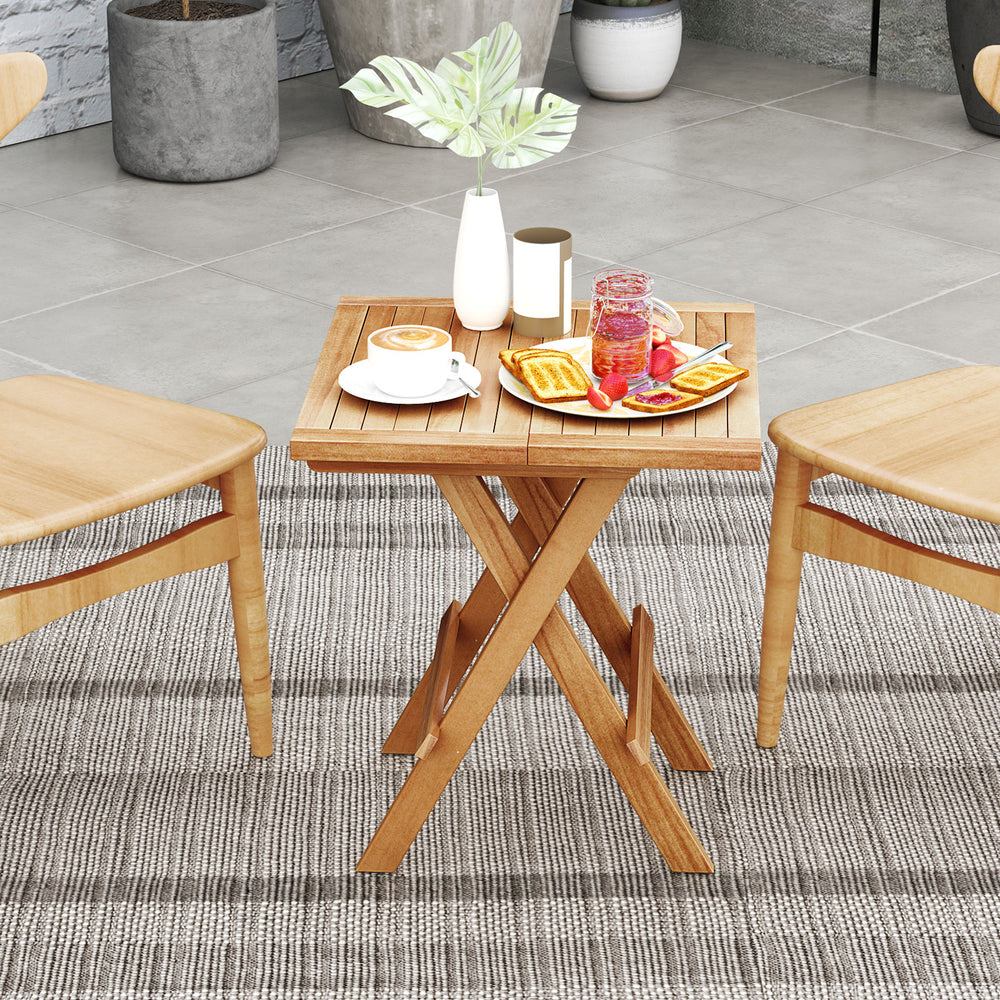 Made of premium teak wood for long-term use<br>X-shaped structure and solid crossbar for higher stability<br>Can be folded into a compact size for space-saving storage<br>9.5 lbs light weight for easy carrying<br>Slatted tabletop prevents water from pooli