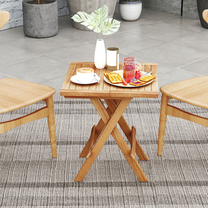 Made of premium teak wood for long-term use<br>X-shaped structure and solid crossbar for higher stability<br>Can be folded into a compact size for space-saving storage<br>9.5 lbs light weight for easy carrying<br>Slatted tabletop prevents water from pooli
