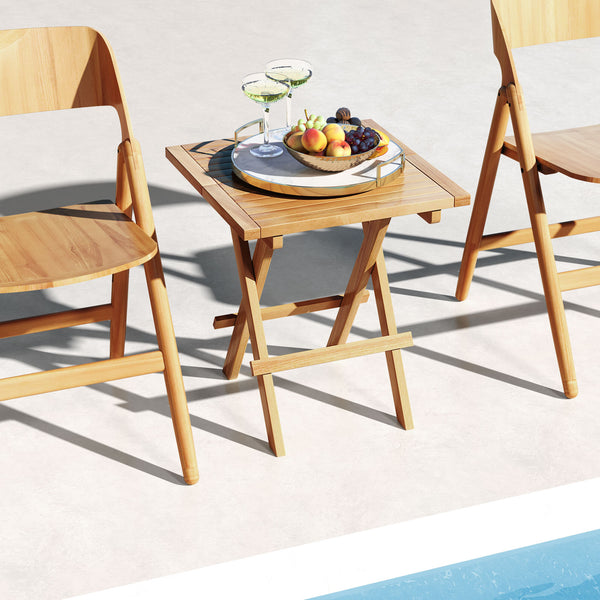 Made of premium teak wood for long-term use<br>X-shaped structure and solid crossbar for higher stability<br>Can be folded into a compact size for space-saving storage<br>9.5 lbs light weight for easy carrying<br>Slatted tabletop prevents water from pooli