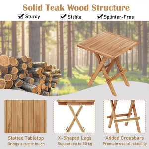 Made of premium teak wood for long-term use<br>X-shaped structure and solid crossbar for higher stability<br>Can be folded into a compact size for space-saving storage<br>9.5 lbs light weight for easy carrying<br>Slatted tabletop prevents water from pooli