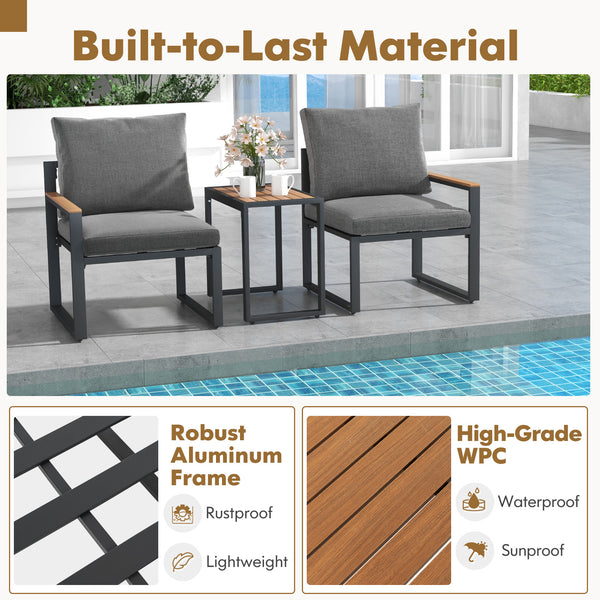 Sturdy frame made of aluminum for high-strength support<br>Adjustable footpads highly improve the stability<br>WPC tabletop and armrests for long-lasting service life<br>Equipped with thickened cushions covered with Olefin fabric<br>Smooth zippers make th