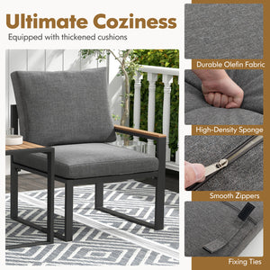 Sturdy frame made of aluminum for high-strength support<br>Adjustable footpads highly improve the stability<br>WPC tabletop and armrests for long-lasting service life<br>Equipped with thickened cushions covered with Olefin fabric<br>Smooth zippers make th