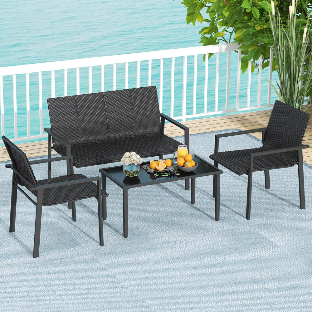 Top grade mix brown/black PE rattan for elegance and durability<br>Comfortable to sit with ergonomic seat and curved back<br>Galvanized metal pipes resist to rust and offer strong support<br>Adjustable footpads of coffee table for higher stability<br>Spac