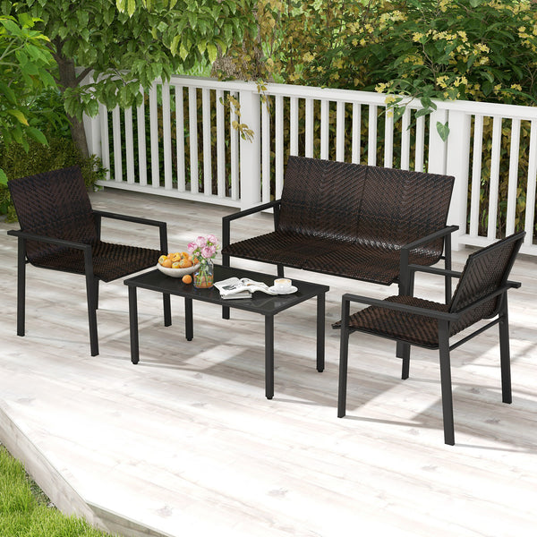 Top grade mix brown/black PE rattan for elegance and durability<br>Comfortable to sit with ergonomic seat and curved back<br>Galvanized metal pipes resist to rust and offer strong support<br>Adjustable footpads of coffee table for higher stability<br>Spac