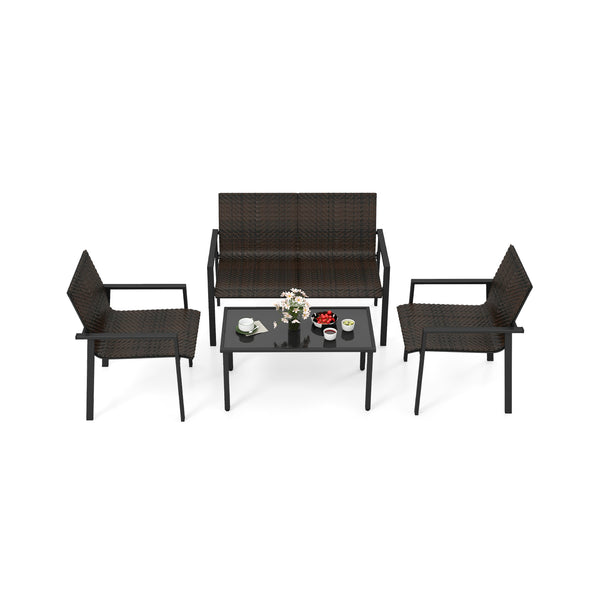 Top grade mix brown/black PE rattan for elegance and durability<br>Comfortable to sit with ergonomic seat and curved back<br>Galvanized metal pipes resist to rust and offer strong support<br>Adjustable footpads of coffee table for higher stability<br>Spac
