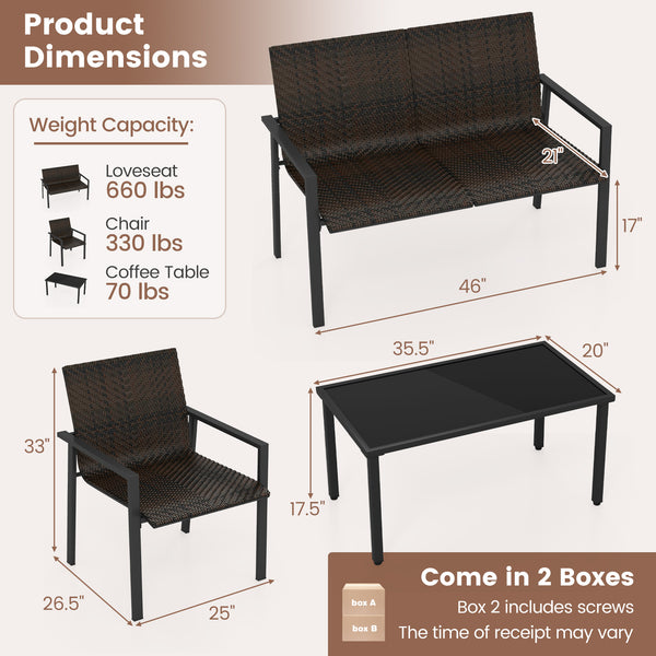 Top grade mix brown/black PE rattan for elegance and durability<br>Comfortable to sit with ergonomic seat and curved back<br>Galvanized metal pipes resist to rust and offer strong support<br>Adjustable footpads of coffee table for higher stability<br>Spac