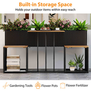 Raised garden bed with slatted bottom for convenience<br>Designed to last thanks to sun-proof and anti-fading PE rattan<br>Premium acacia wood for long-lasting aesthetics and durability<br>Built-in storage space holds your outdoor items within easy reach<