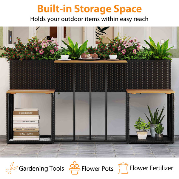 Raised garden bed with slatted bottom for convenience<br>Designed to last thanks to sun-proof and anti-fading PE rattan<br>Premium acacia wood for long-lasting aesthetics and durability<br>Built-in storage space holds your outdoor items within easy reach<