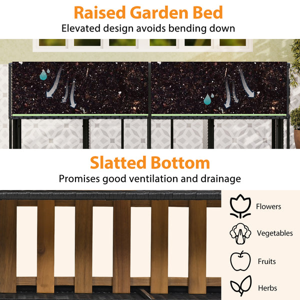 Raised garden bed with slatted bottom for convenience<br>Designed to last thanks to sun-proof and anti-fading PE rattan<br>Premium acacia wood for long-lasting aesthetics and durability<br>Built-in storage space holds your outdoor items within easy reach<