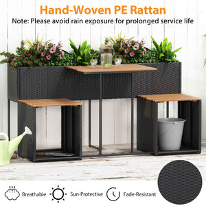 Raised garden bed with slatted bottom for convenience<br>Designed to last thanks to sun-proof and anti-fading PE rattan<br>Premium acacia wood for long-lasting aesthetics and durability<br>Built-in storage space holds your outdoor items within easy reach<