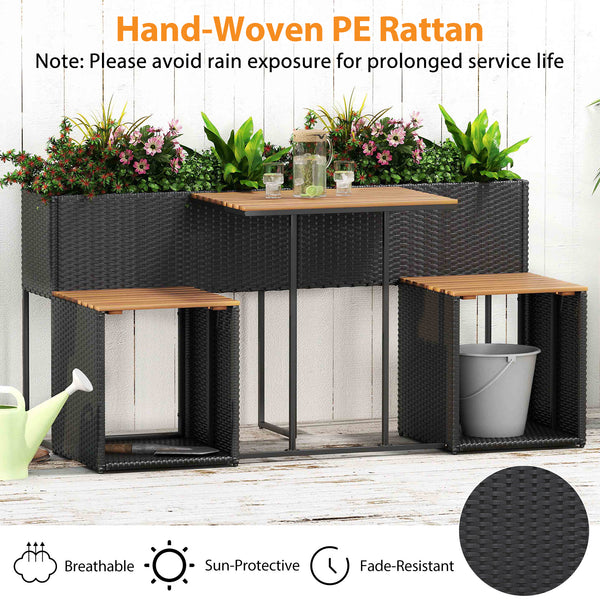 Raised garden bed with slatted bottom for convenience<br>Designed to last thanks to sun-proof and anti-fading PE rattan<br>Premium acacia wood for long-lasting aesthetics and durability<br>Built-in storage space holds your outdoor items within easy reach<