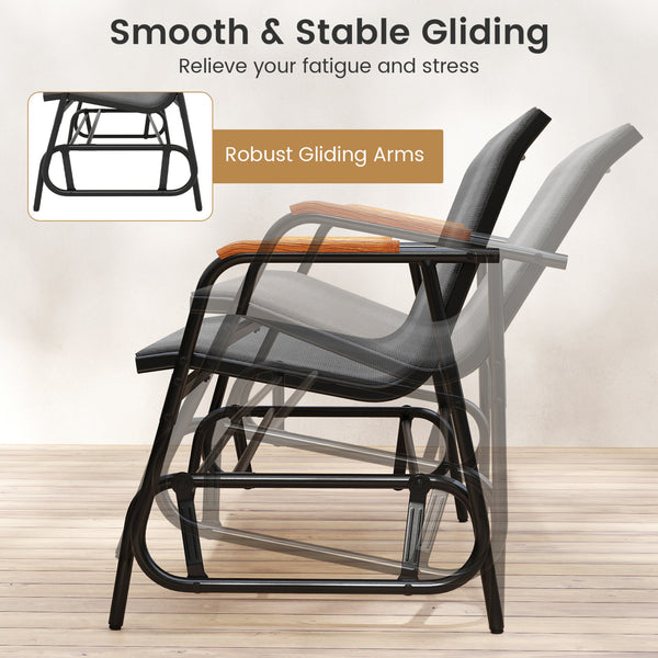 Gentle gliding motion relieves stress and fatigue<br>Solid gliding arms ensure safety and stability<br>Comfortable to sit with curved seat  backrest and armrests<br>Armrests made of premium teak wood for elegance and comfort<br>Breathable and tear-resista