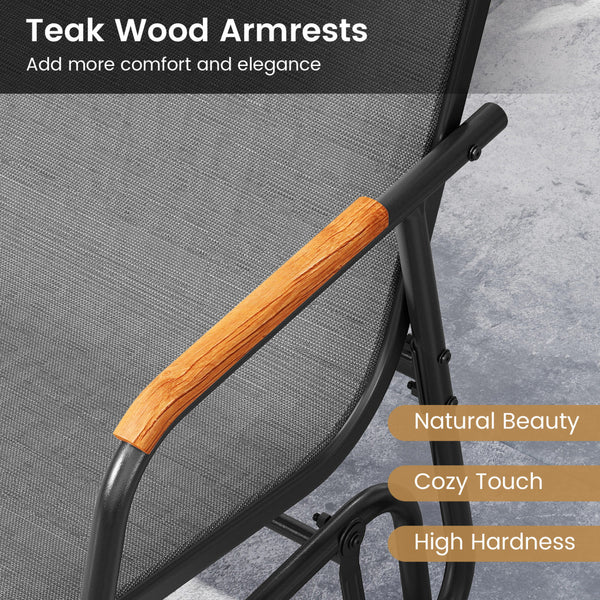 Gentle gliding motion relieves stress and fatigue<br>Solid gliding arms ensure safety and stability<br>Comfortable to sit with curved seat  backrest and armrests<br>Armrests made of premium teak wood for elegance and comfort<br>Breathable and tear-resista